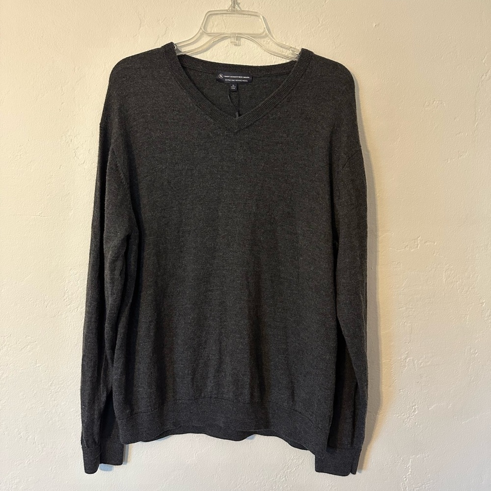 Hart Schaffner Marx Sweater Mens Dark Gray V-Neck Extra Fine Merino Wool Warm XL